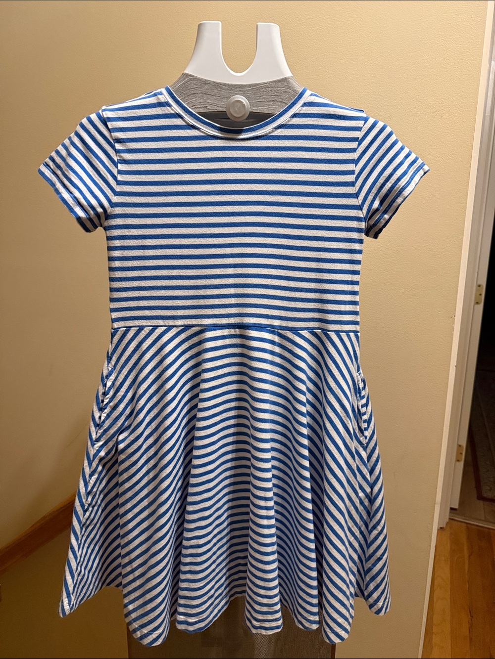 Primary Blue and White Striped Short-Sleeve Knit Dress